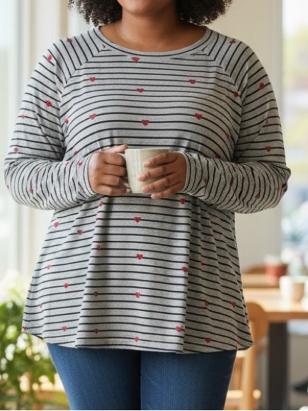 Workshop Republic Clothing Gray Striped Swing Top with Red Heart Print